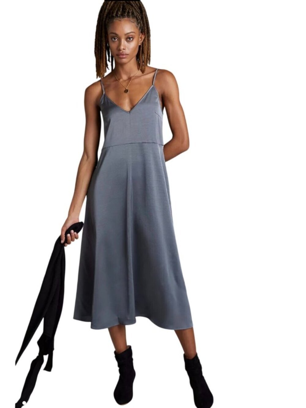 Anthropologie Daily Practice Gray Silver Satiny Midi Slip Dress Pockets Size M V